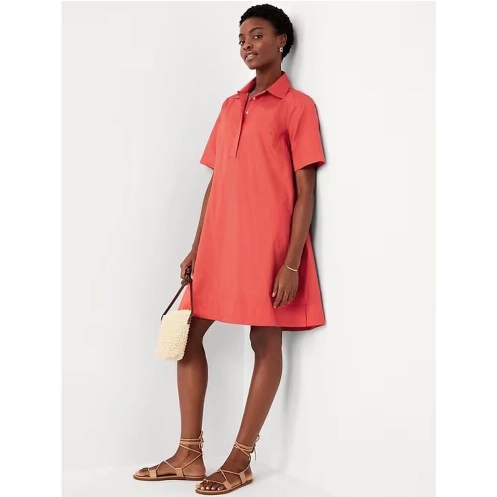 Old Navy Red Orange Coral Button Shirt Tent Dress w/ Pockets Medium Tall
